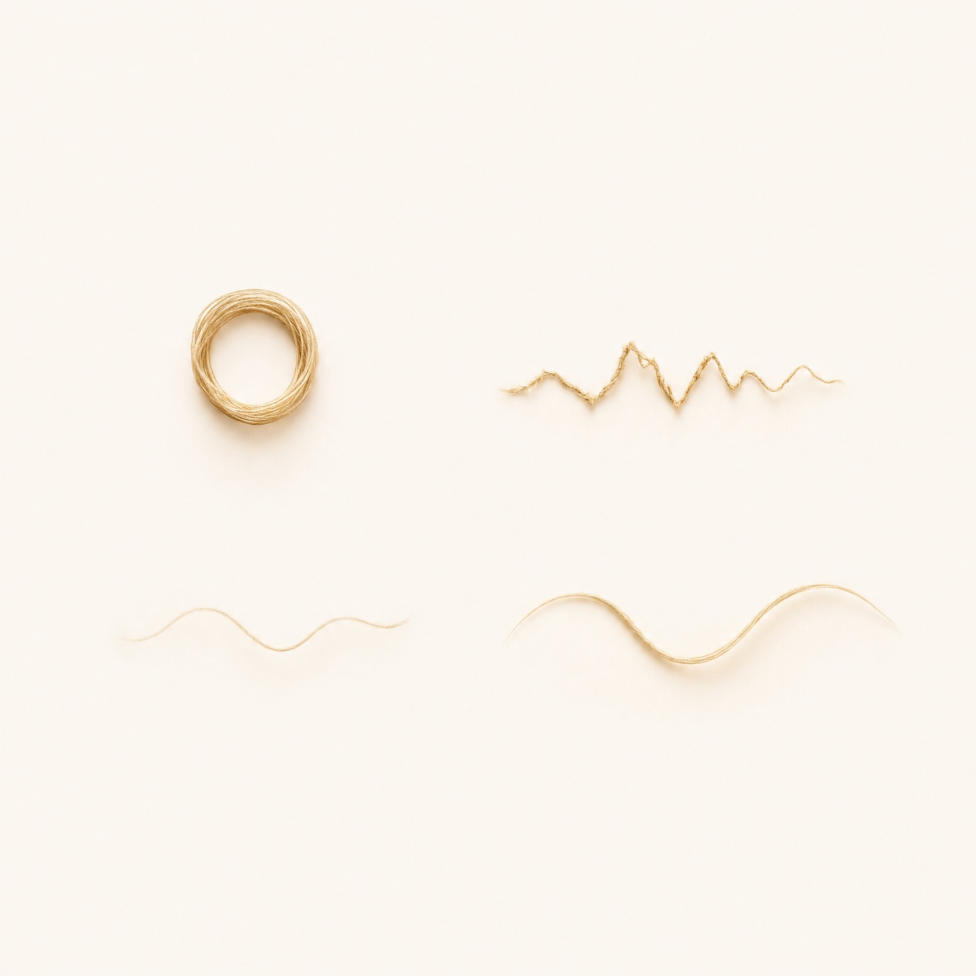 Four states of one golden thread: a tight coil, a jagged tense line, a faint thin wave, and a smooth open wave
