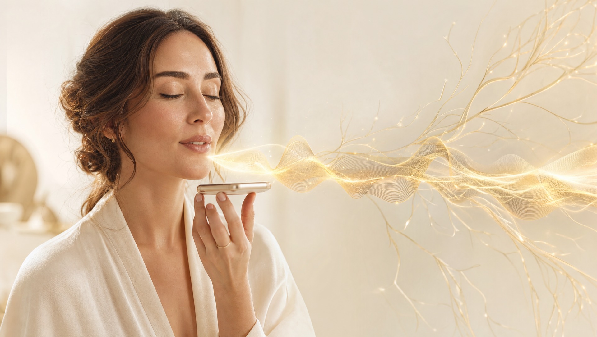 A woman speaks softly into her phone and her voice becomes a golden waveform that branches like nerve pathways