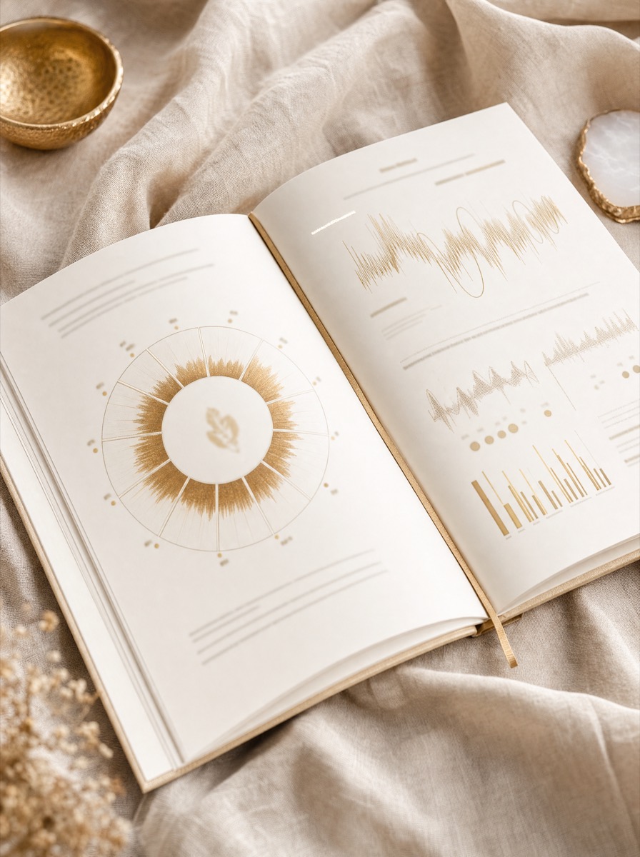 The Voice Analysis Report lying open, showing a twelve-segment voice map and golden waveform charts