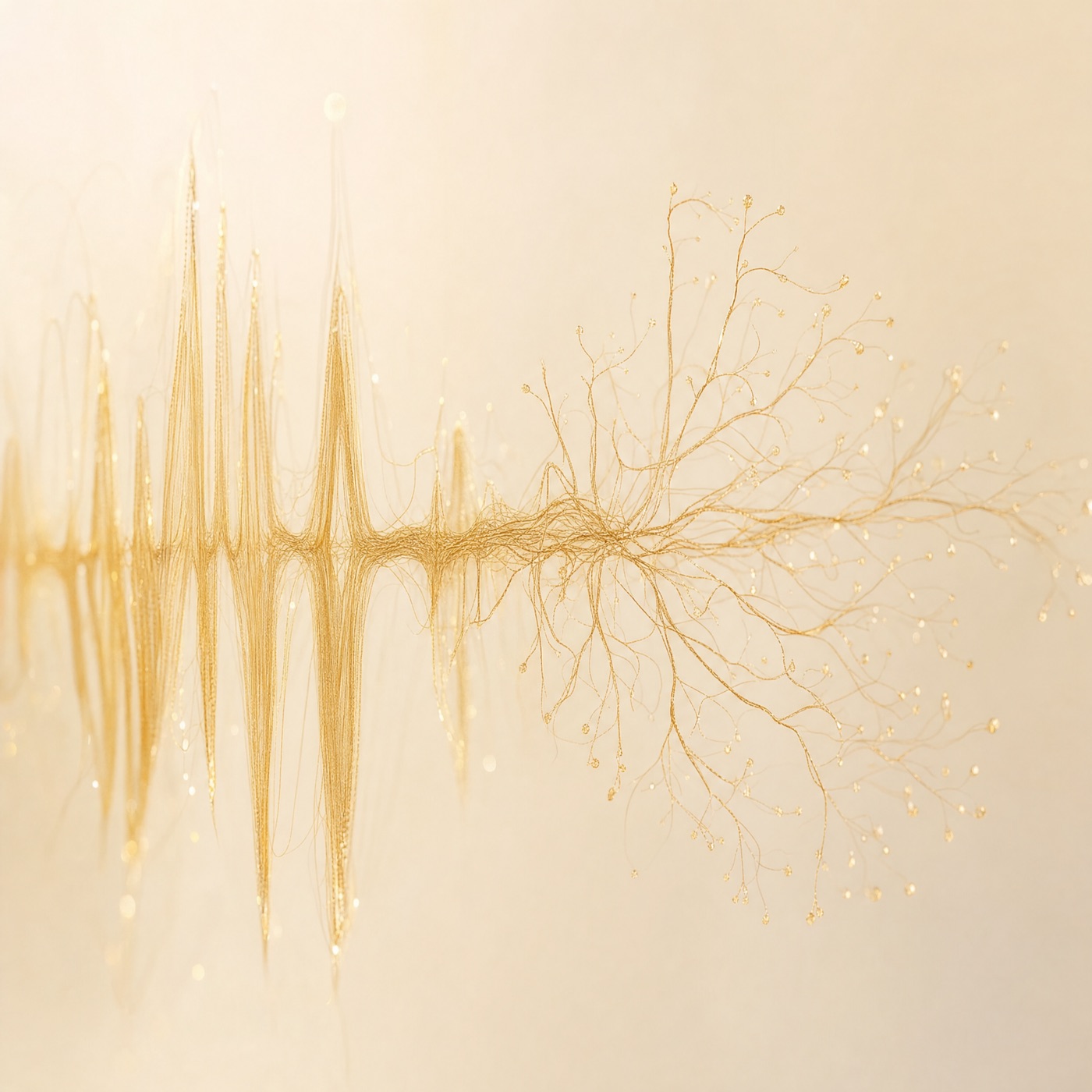 A golden voice waveform whose threads branch into fine nerve-like pathways